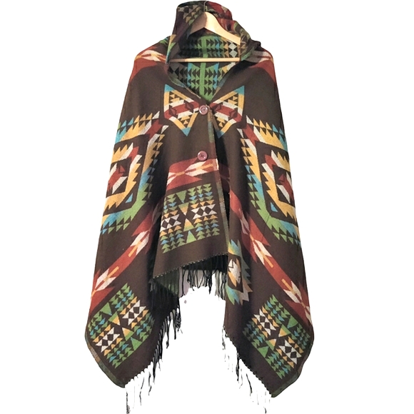 Sweaters - South Western Aztec Indian New Mexico Desert One Size Button Poncho Cape Hooded